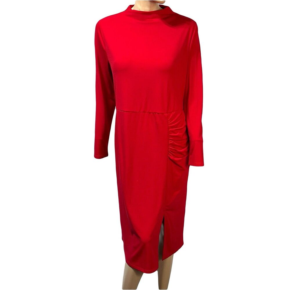 Eloquii Red Midi Dress Size 14 Long Sleeve Ruched Front Slit Stretch Holiday NWT